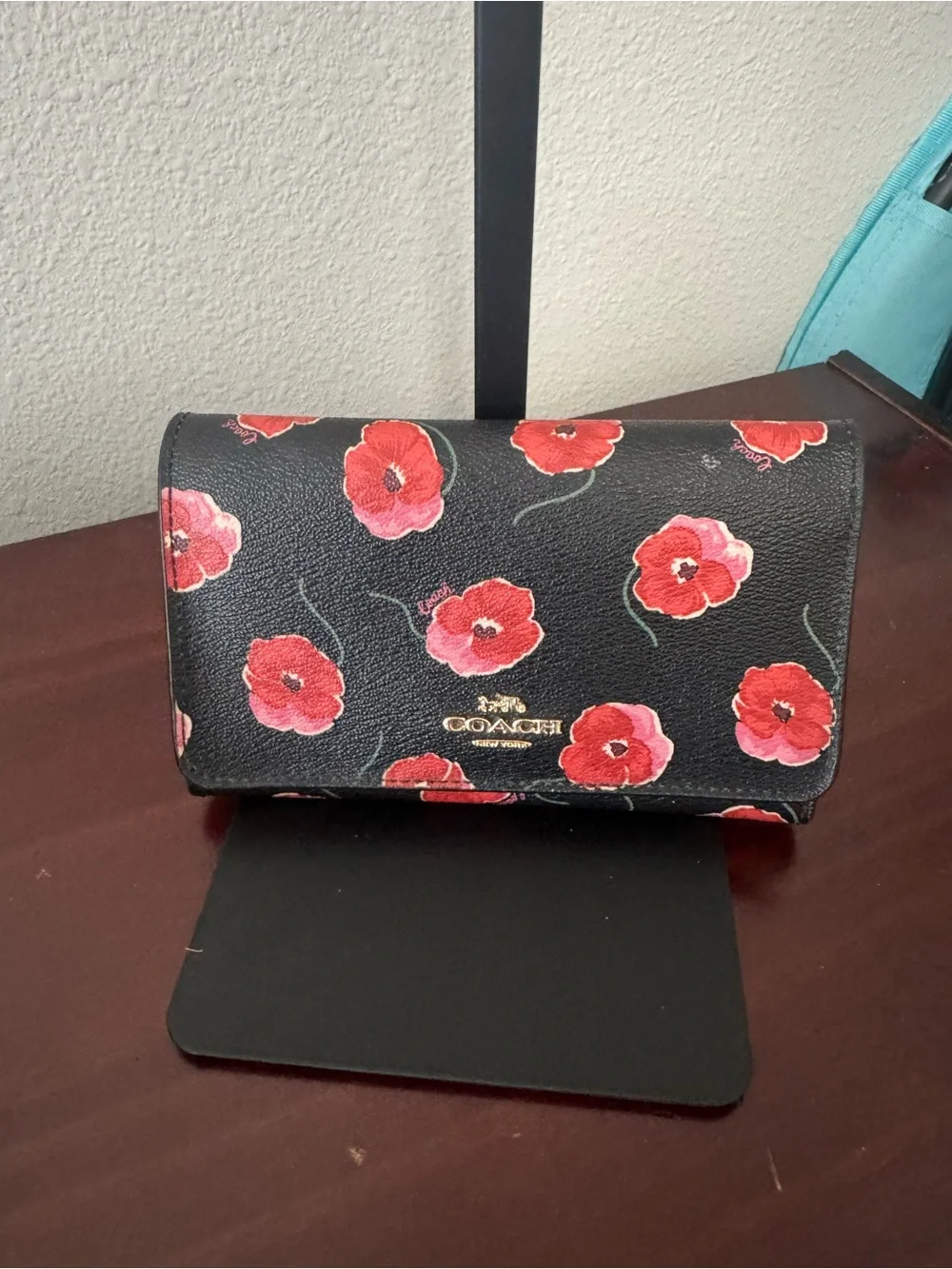 Coach Black Wallet with Red and Pink Floral Print